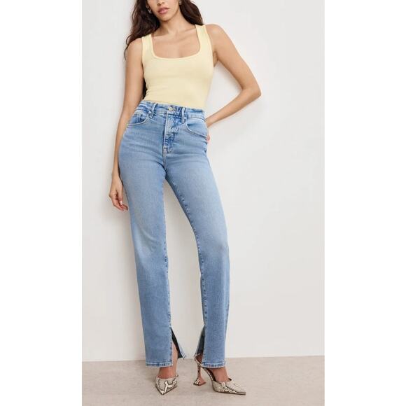 Good American - God Boy Split Hem Straight Leg Denim Jeans in Blue - Picture 7 of 7